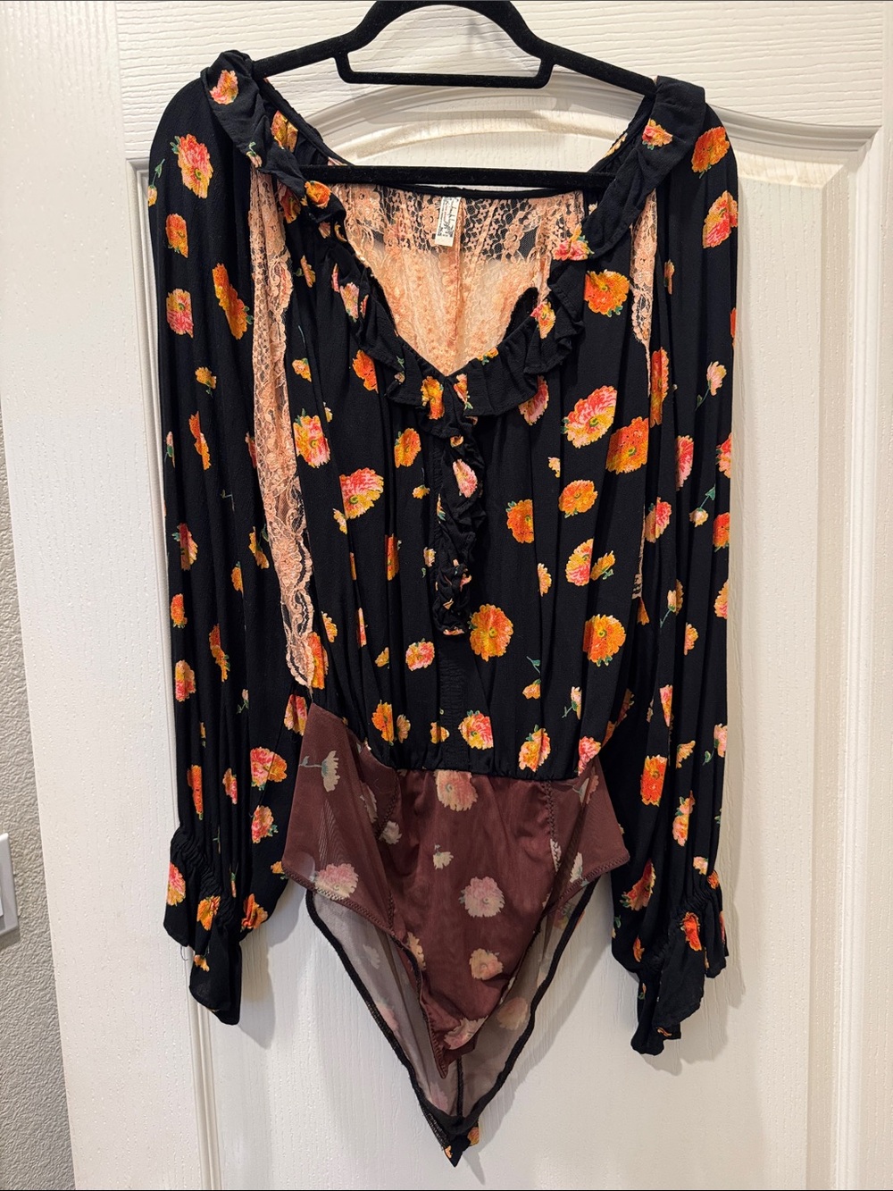 Free People Peach Lace Sheer Bodysuit with Black Trim